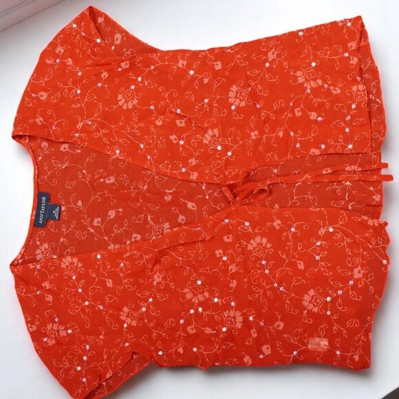 Ann Taylor Silk Blouse Women’s Size 10 Red Floral Tie Front Sheer Top Short Slee - Picture 12 of 12